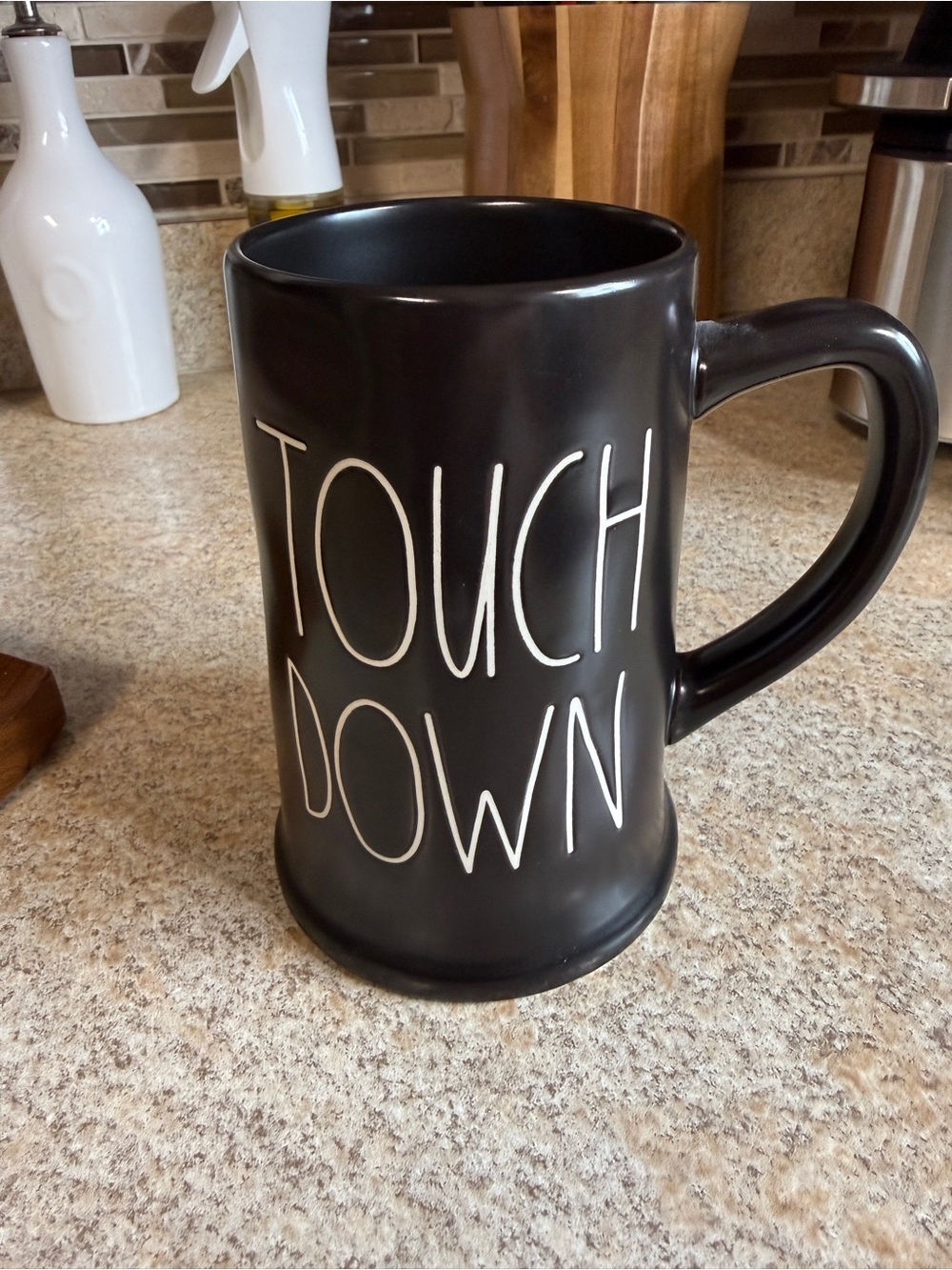 Rae Dunn Black Ceramic "TOUCH DOWN" Mug